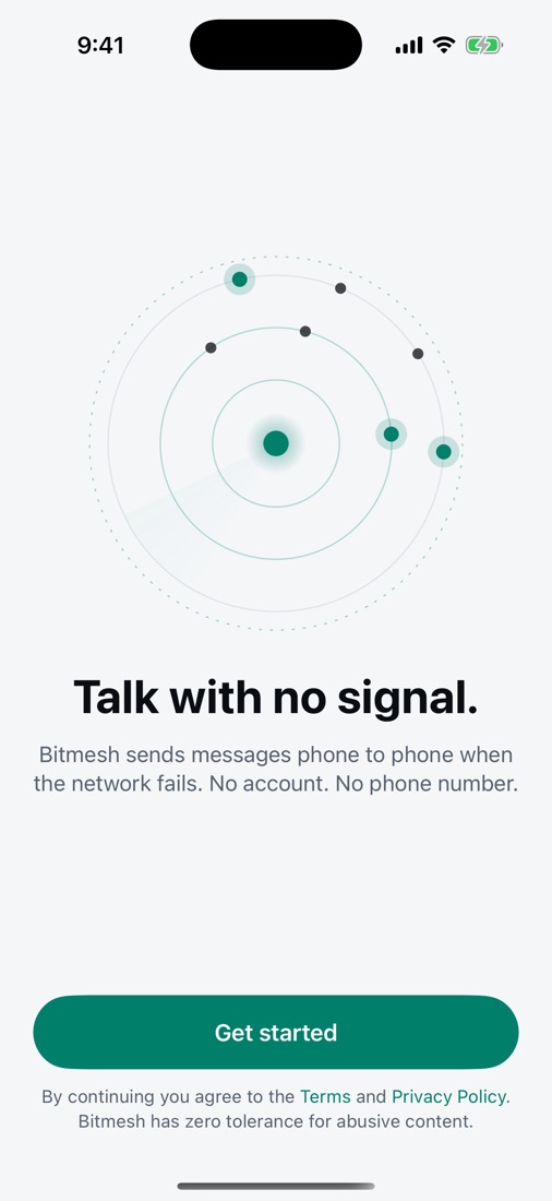 Bitmesh welcome screen with a glowing signal ring and the words Talk with no signal