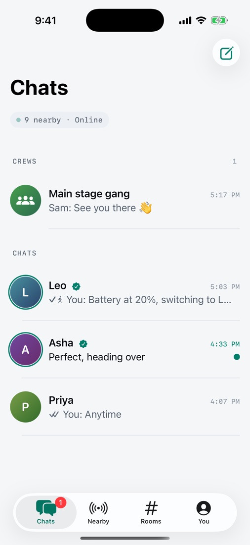 Chats tab listing a Crew and three private chats with delivery ticks