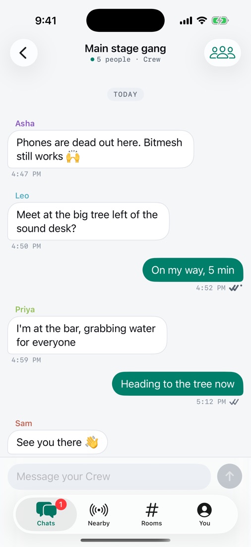 A Crew conversation with sent and read ticks under messages