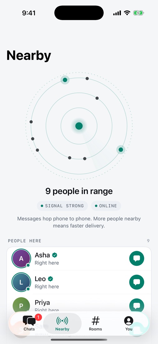 Nearby tab showing a signal ring with 9 people in range and a list of people