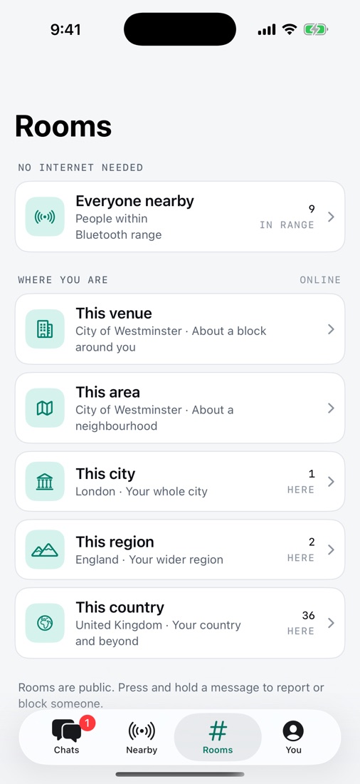 Rooms tab with Everyone nearby and rooms for this venue, area, city, region and country