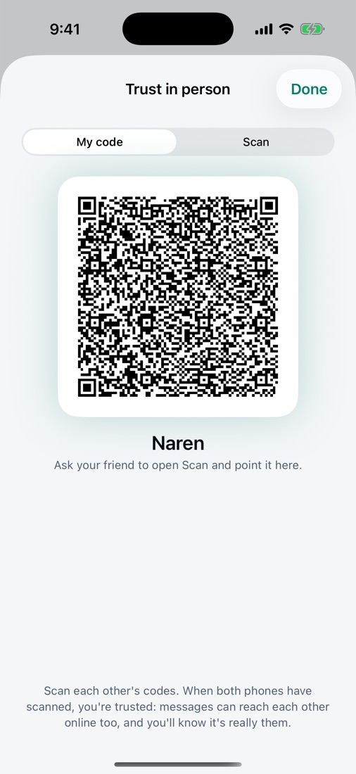 Trust in person screen showing a QR code to scan