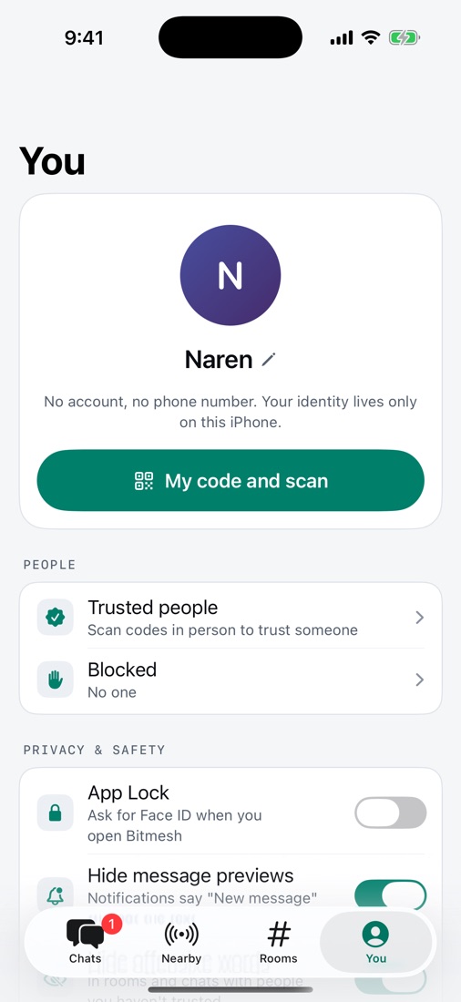 You tab with profile, trusted people, blocked people and privacy settings
